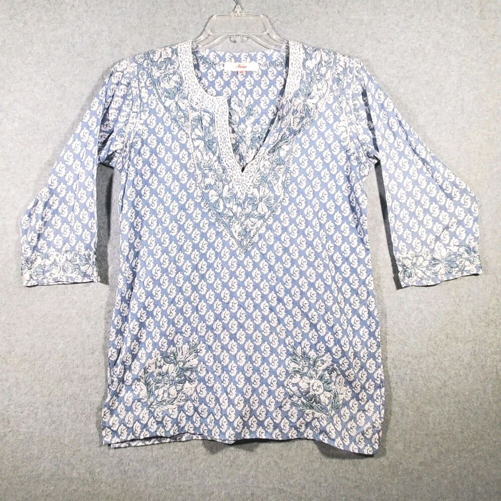 Amaya Tunic Top Womens Large Blue White Hand Embroidered Boho Hippie